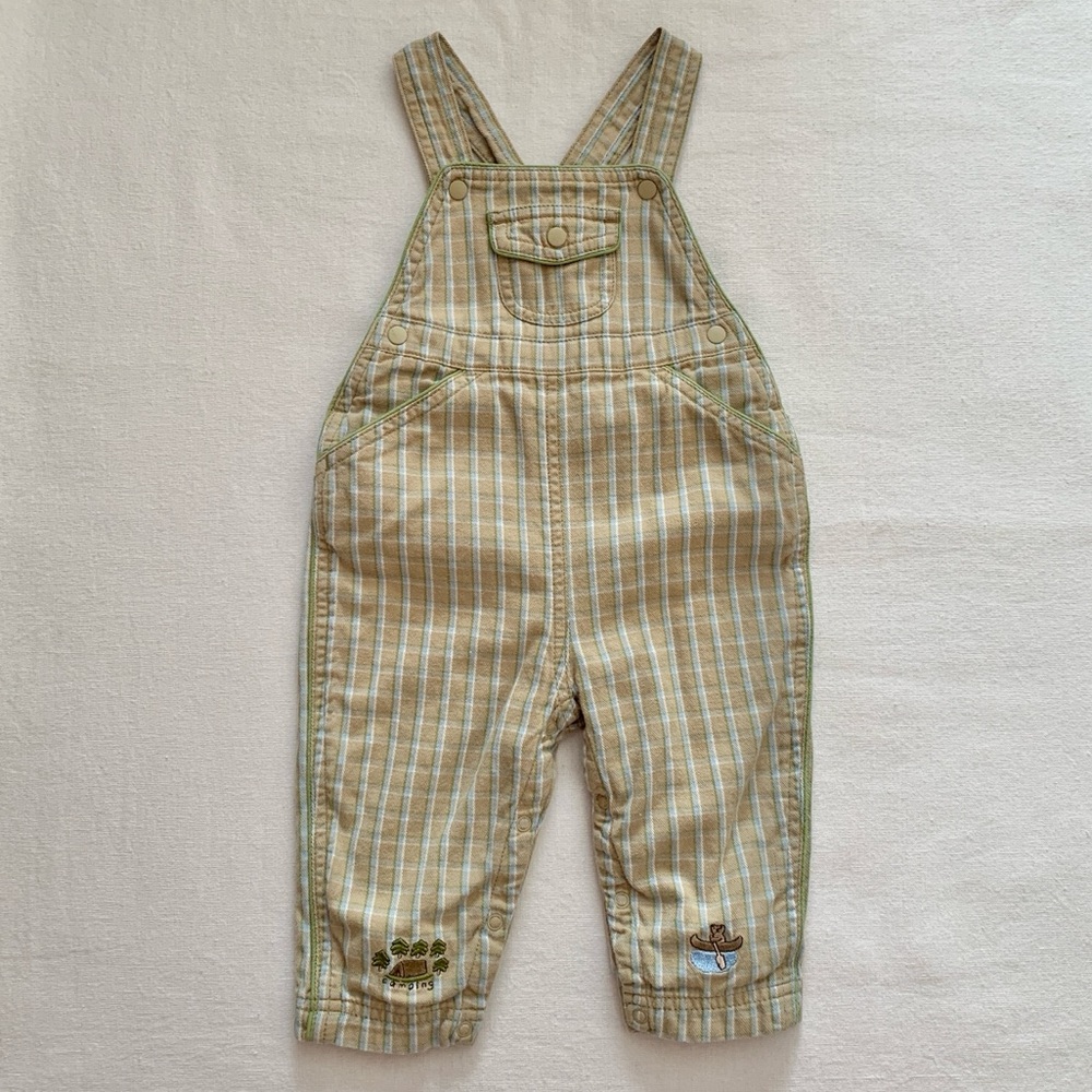 2001 Gymboree Happy Camper Y2K Camping Canoe Plaid Cotton Overalls 6-12M